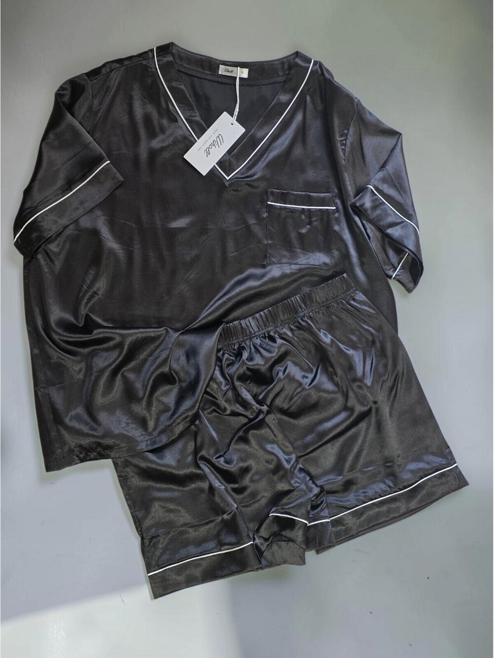 Black Satin Two-Piece Lounge Set with White Piping Detail, Size XL